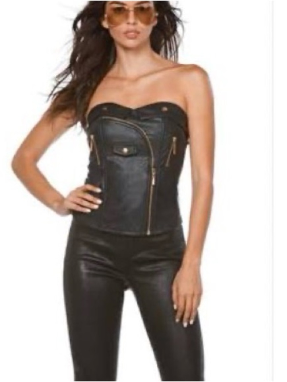 Carmin Y2K Black Faux Leather Moto Corset Strapless Bustier Top Gold Zip Size M